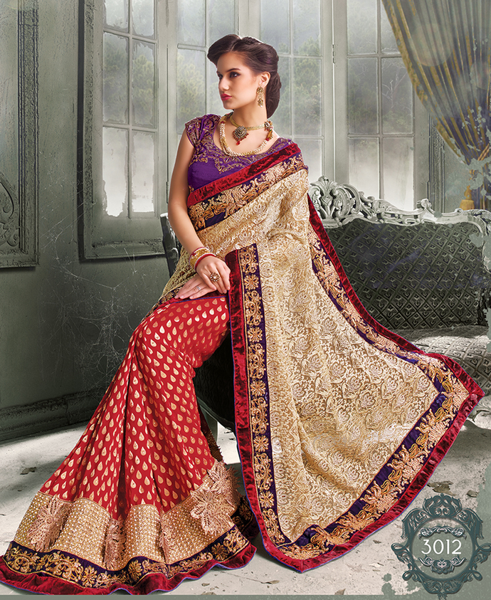 NEW RED & BEIGE Indian Pakistani Designer Bollywood Wedding Embroidered Saree