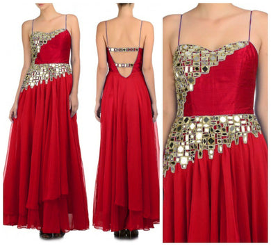 Red Sleeveless Mirror Work Designer Salwar Kameez