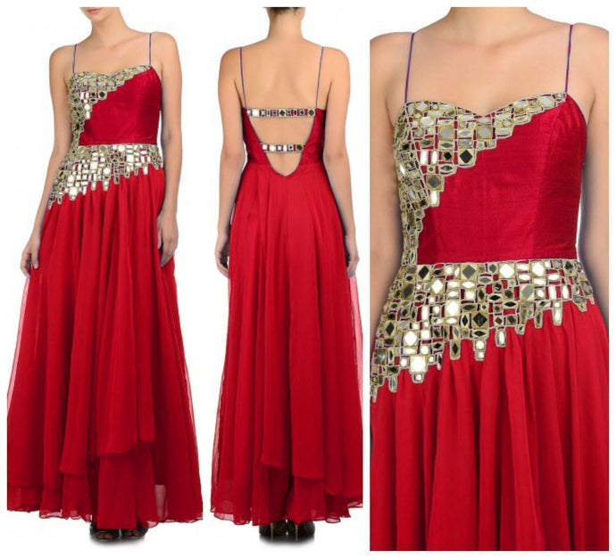 Red Sleeveless Mirror Work Designer Salwar Kameez